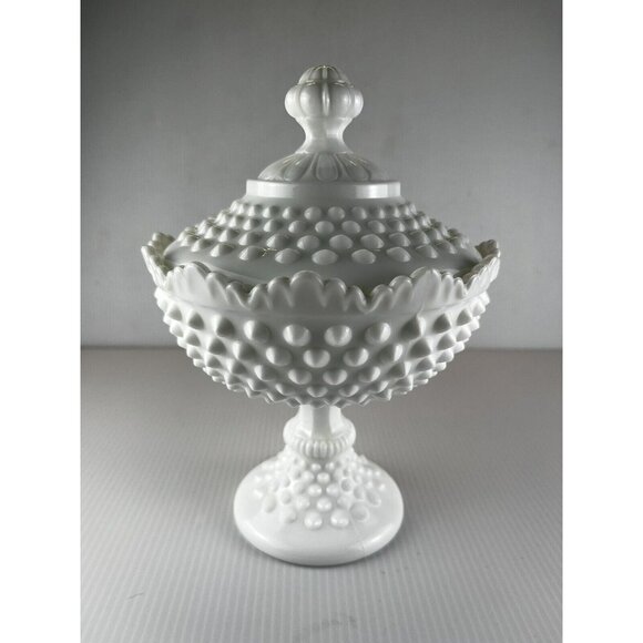 Vintage Fenton Milk Glass Hobnail Pedestal Lidded Candy...